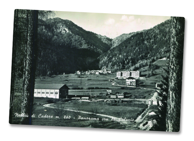 Cartolina d'epoca con vista di Nebbiù di Pieve di Cadore e la Casa Alpina