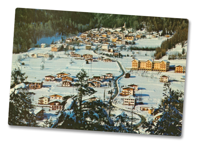 Vista di Nebbiù e la Casa Alpina sotto la neve nel 1985